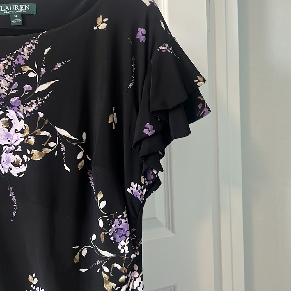 Lauren black dark floral cinched dress SZ 14 black wrap style ruffle career - Picture 4 of 14